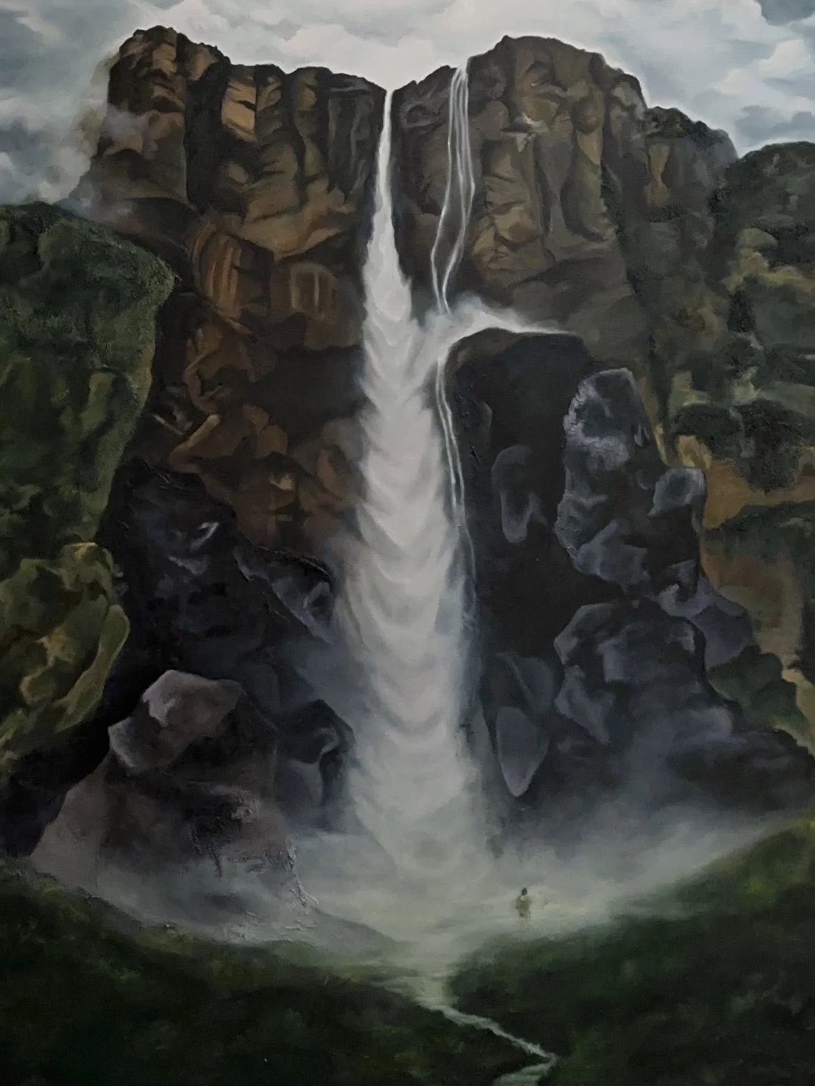 Painting of a waterfall cascading down a rocky cliff surrounded by greenery, with mist at the bottom and a small person standing near the base.