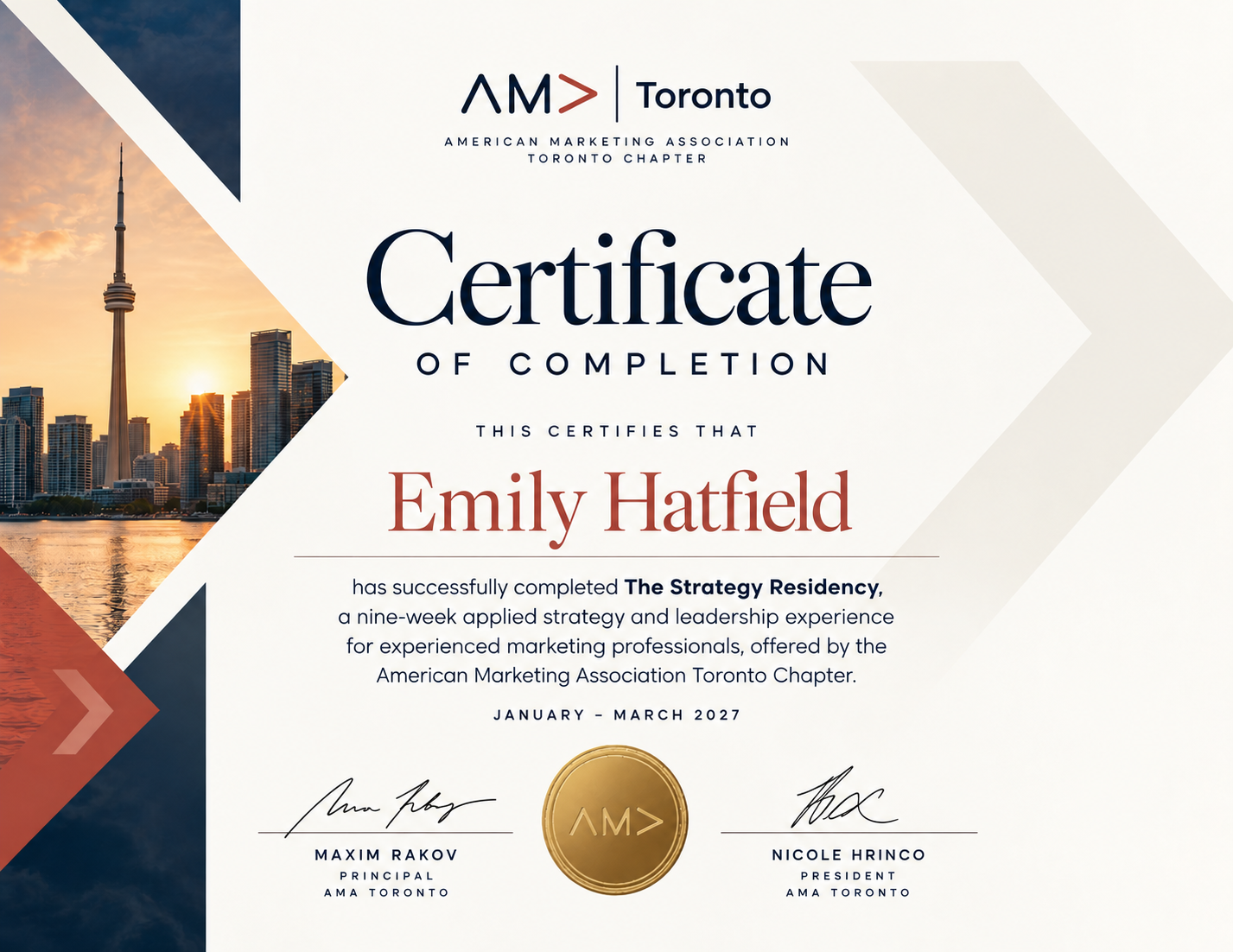 Certificate of completion from the American Marketing Association Toronto Chapter awarded to Emily Hatfield. Features a Toronto skyline during sunset with the CN Tower, and has signatures and a gold seal at the bottom.