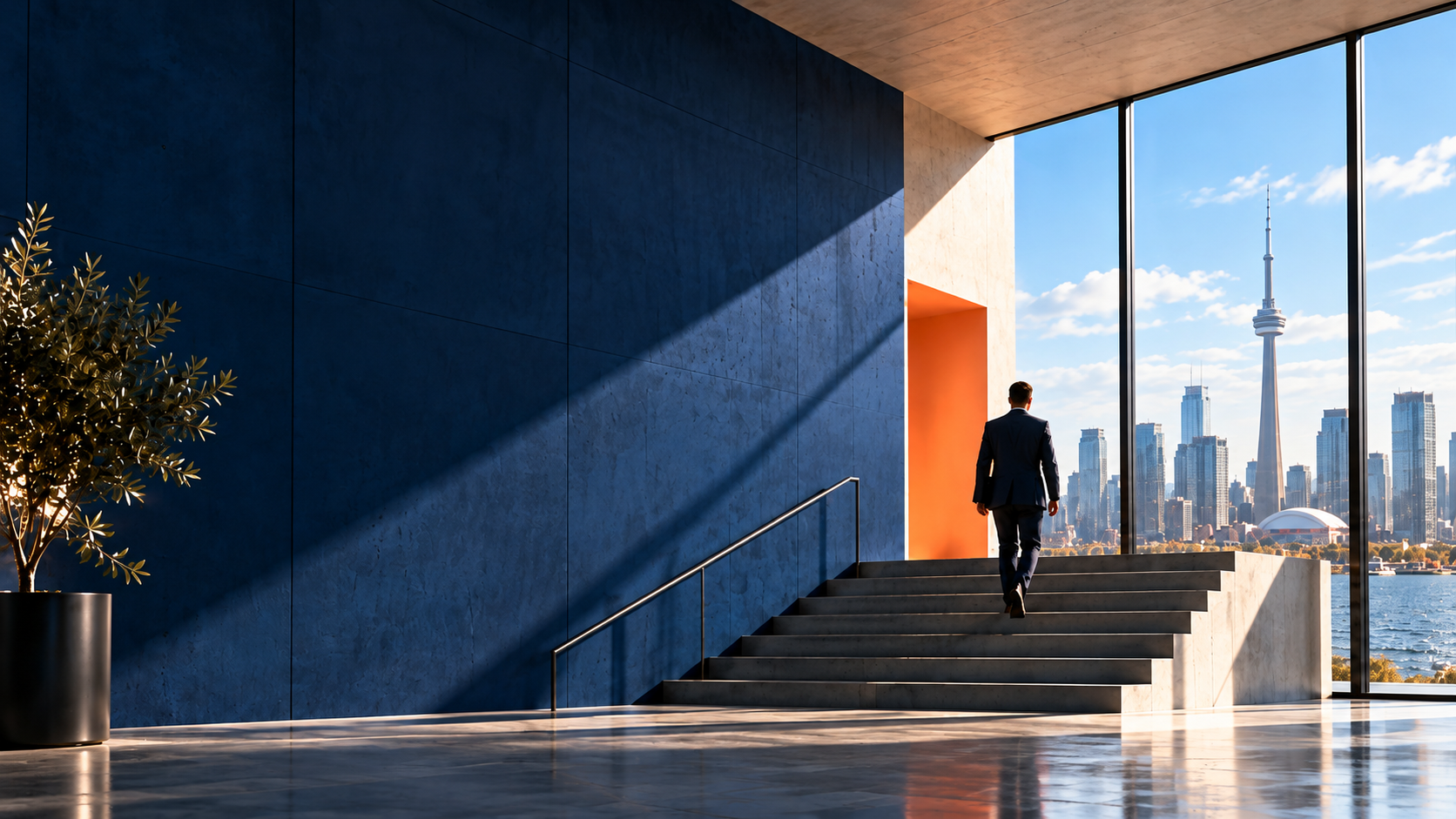 A man in a business suit walking up stairs inside a modern building with large windows showing the city skyline and the CN Tower.