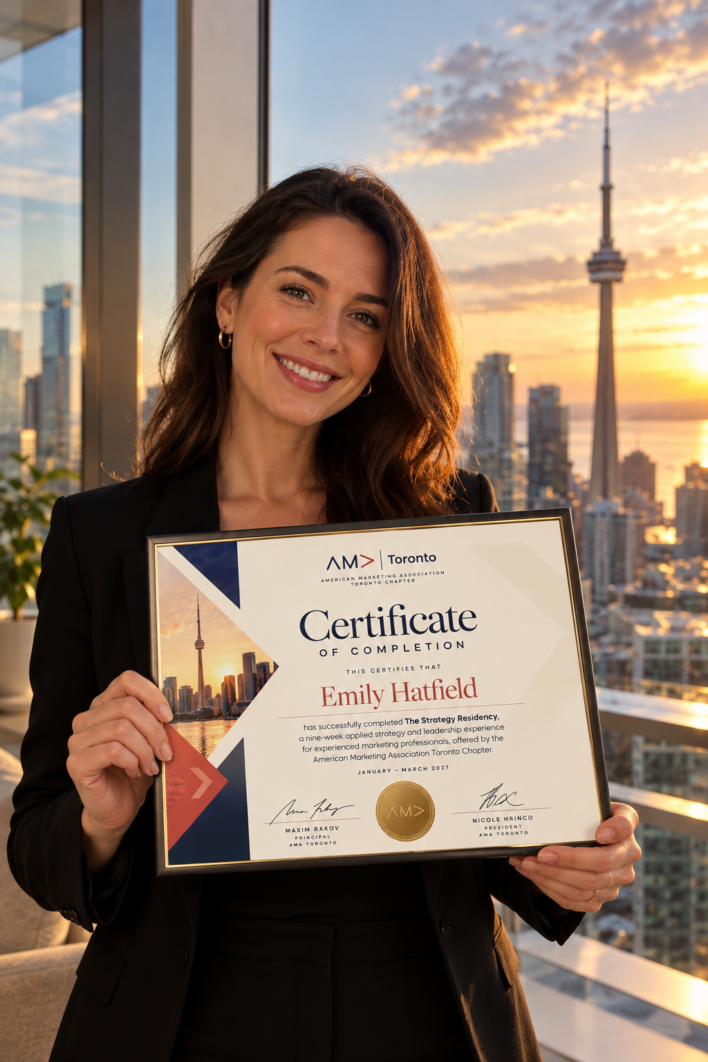 A woman holding a certificate and smiling on a rooftop with Toronto skyline and CN Tower at sunset in the background.