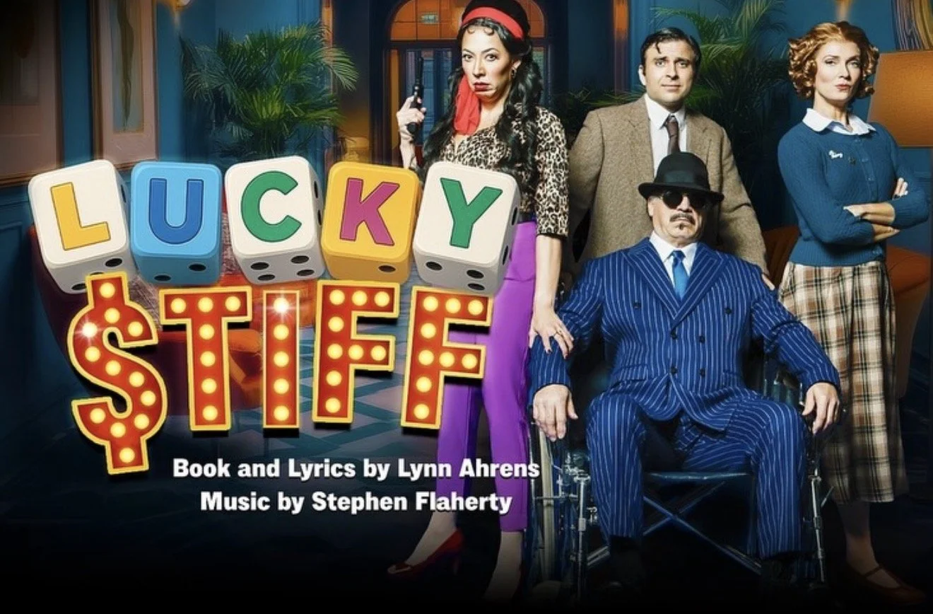 Four characters dressed in vintage clothing from different eras standing behind a sign that reads 'Lucky $tiff' with colorful dice spelling 'LUCKY.' The background appears to be a vintage-style living room with plants and warm lighting.