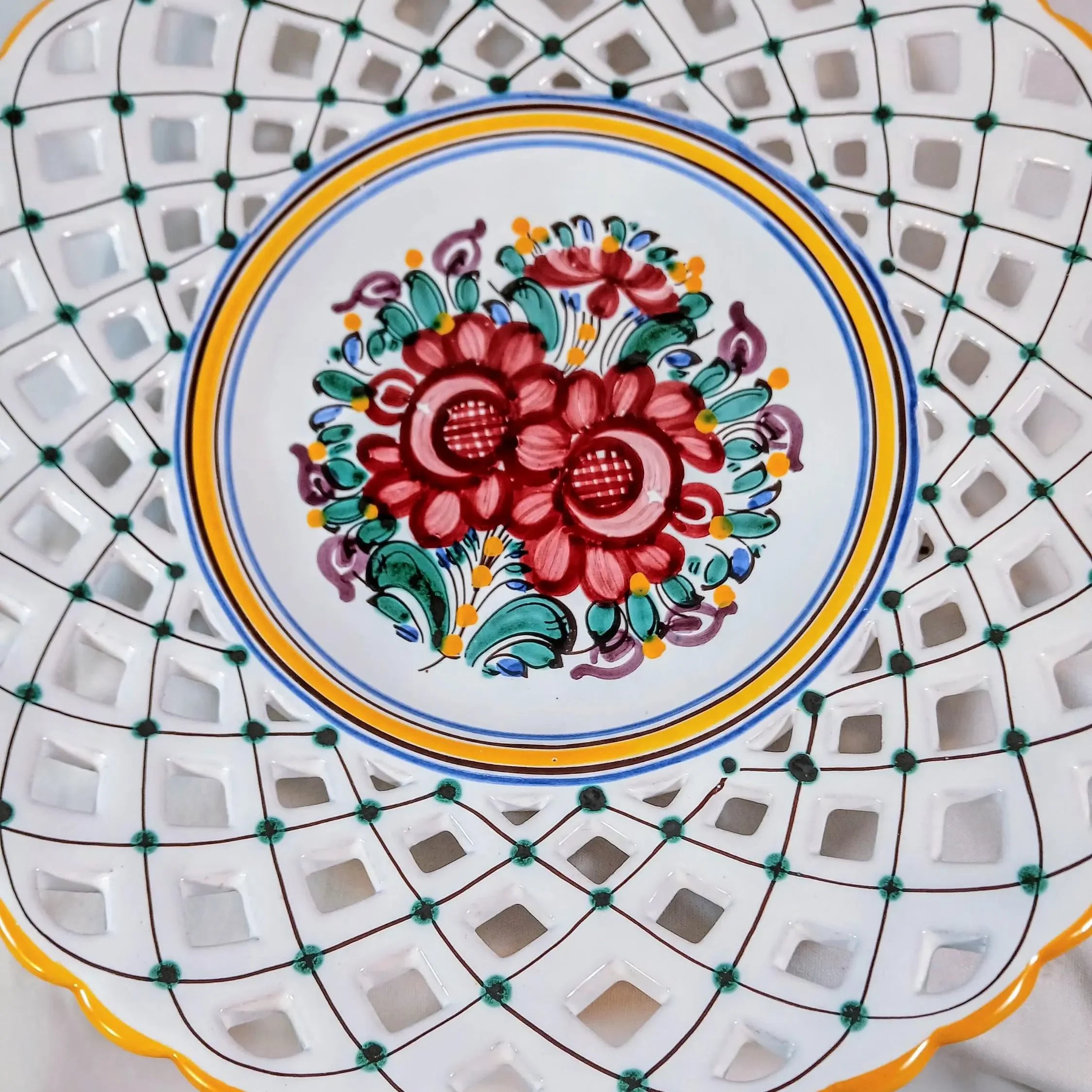 Vintage Slovak Modra Majolika Hand-Painted Pierced Lattice Decorative Plate