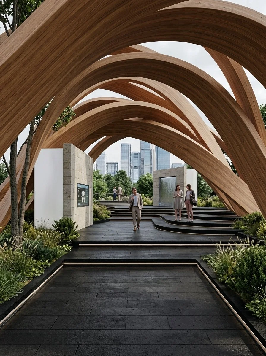 People walking under a wooden archway in a modern park with greenery and city skyline in the background.