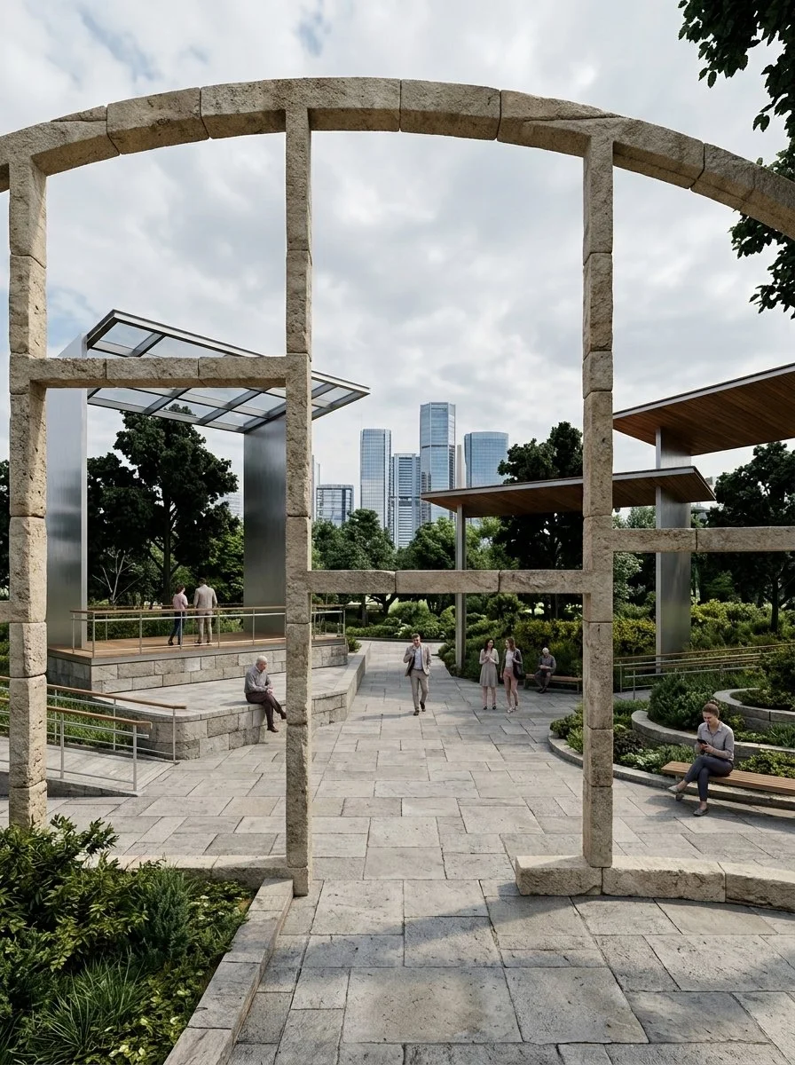 A park with a stone archway in the foreground, modern city skyline in the background, and people walking and sitting on benches.