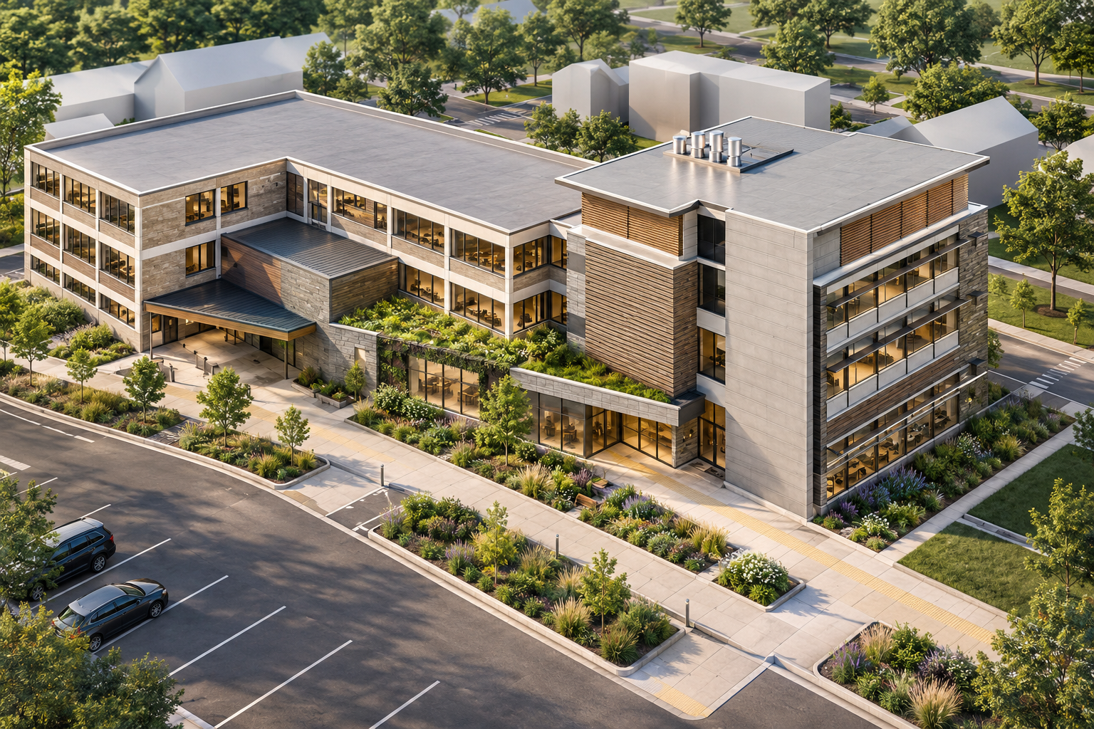 Modern multi-story office building with glass windows, surrounded by landscaped gardens and a parking lot with a few cars.