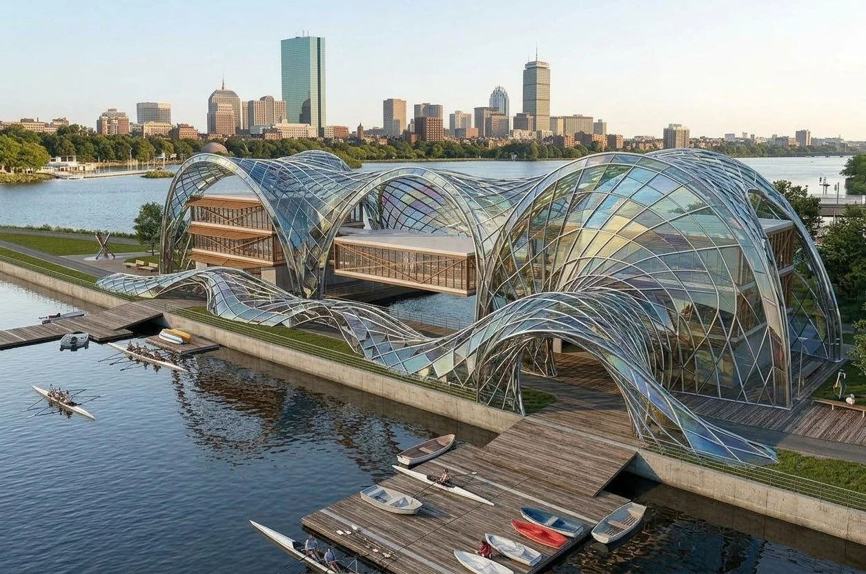 Futuristic glass building by a river with city skyline in the background. Several boats are docked along the wooden walkway.