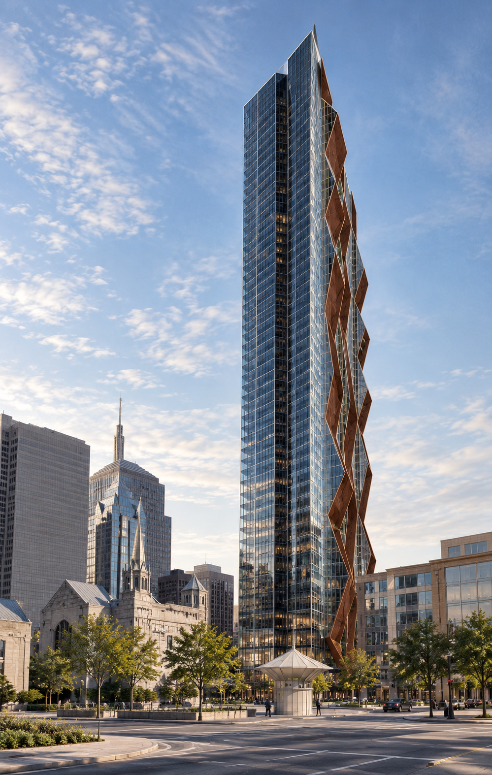 Modern skyscraper with a unique design featuring wooden panel accents on the facade, set against a city skyline with other tall buildings and a partly cloudy sky.