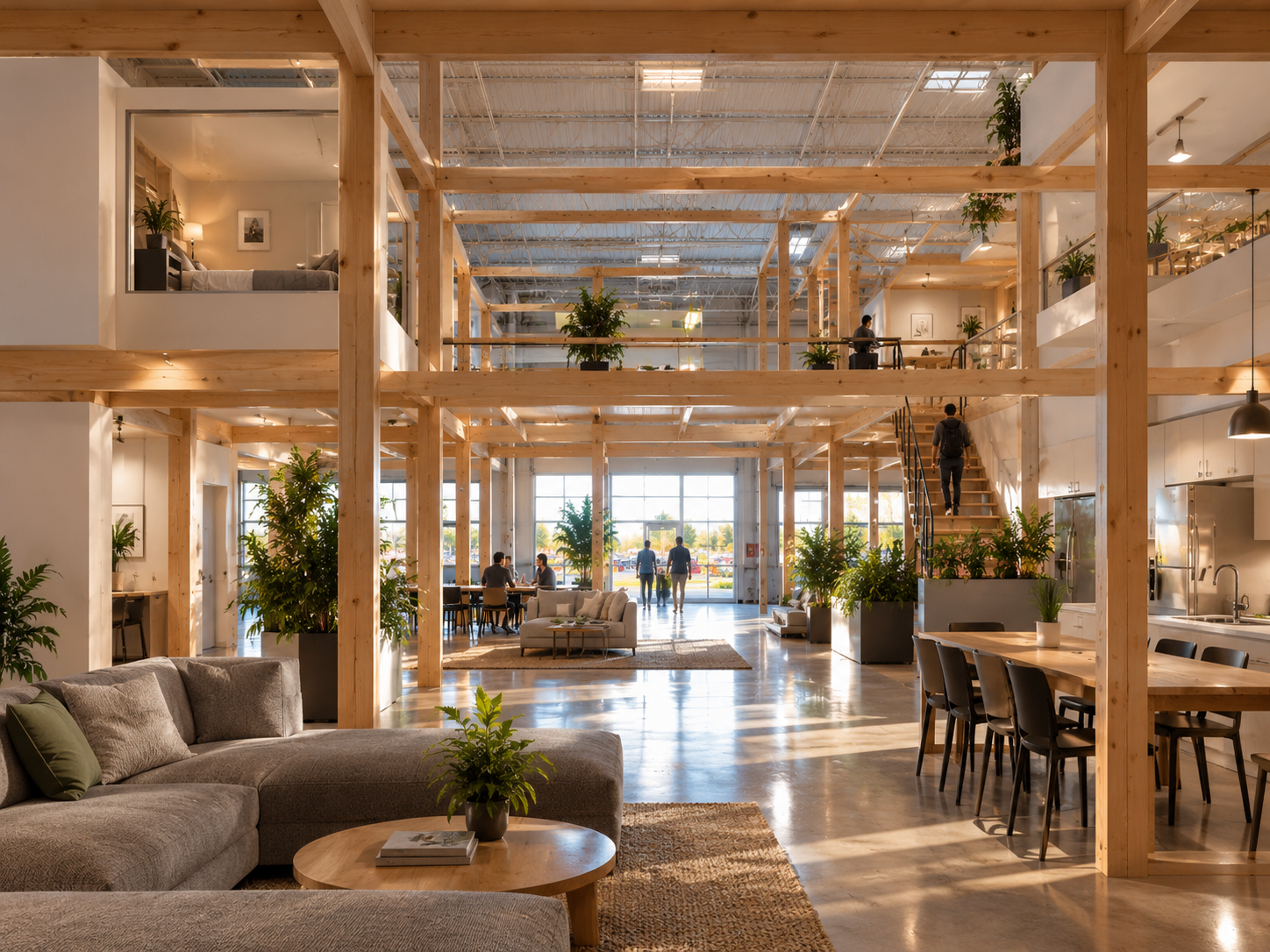 Interior of a modern, open-concept office or communal space with wooden beams, large windows, potted plants, and various seating areas including couches, tables, and chairs.