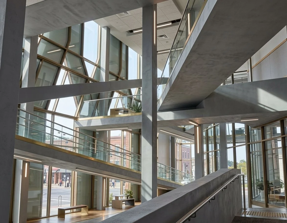Modern multi-story building interior with large windows, concrete stairs, glass railings, and sunlight streaming in.