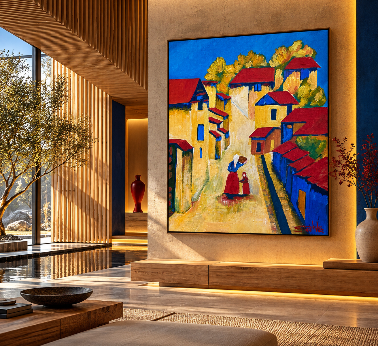 Warm Minimalist Gallery with Village Painting.png