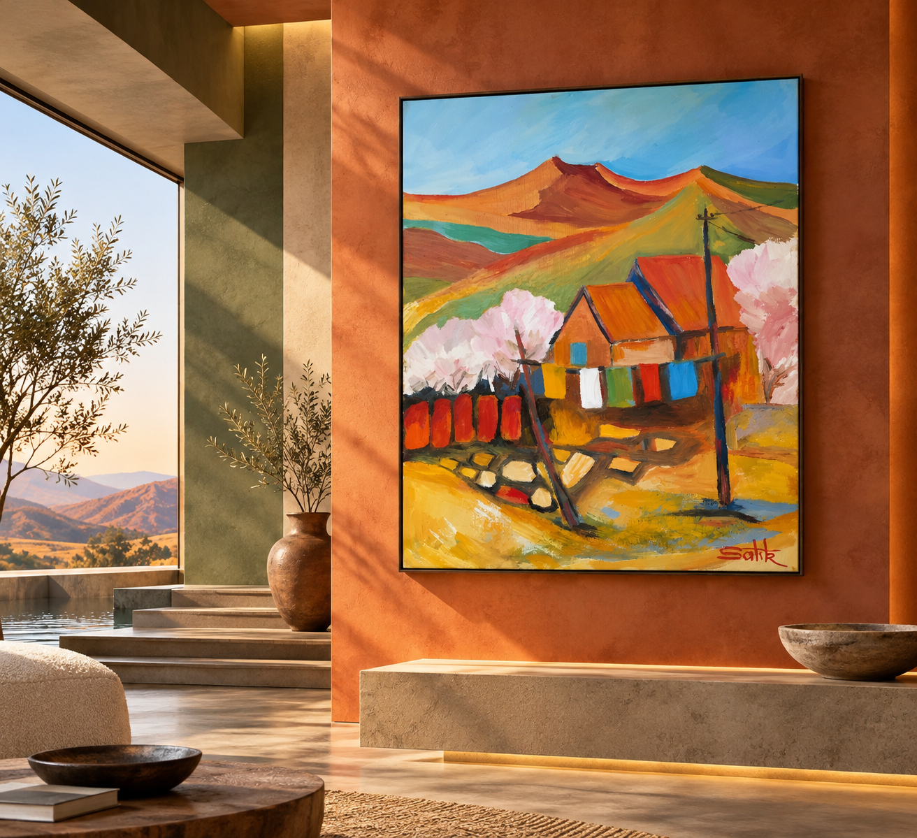 Sunlit Gallery with Terracotta Landscape Art.png