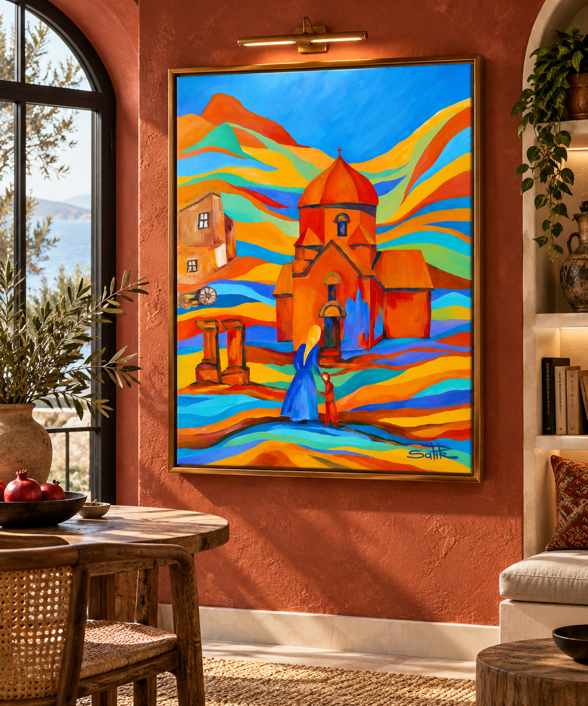 Mediterranean Room with Vibrant Church Painting.png