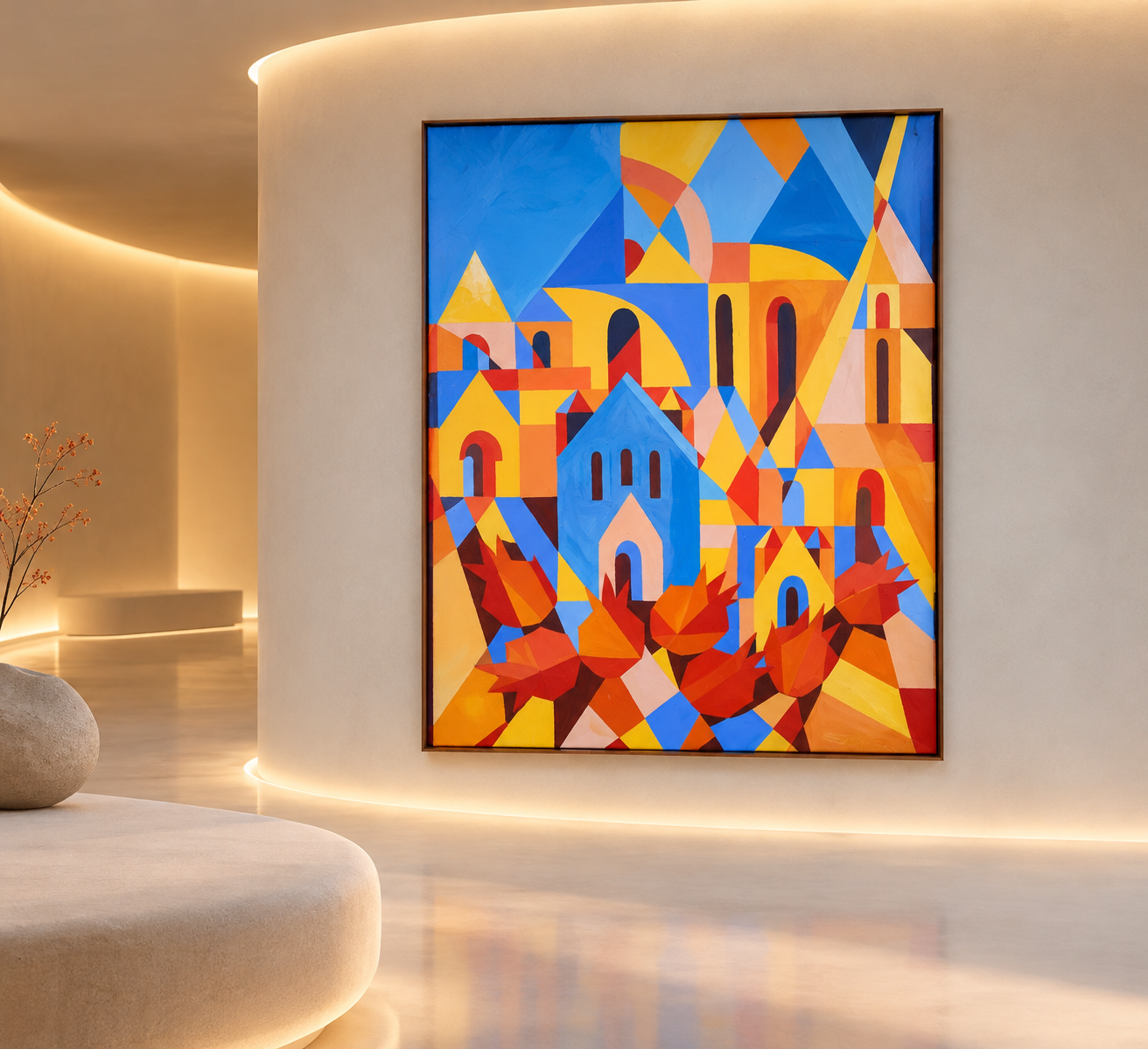 Curved Gallery with Vibrant Cityscape Painting.png