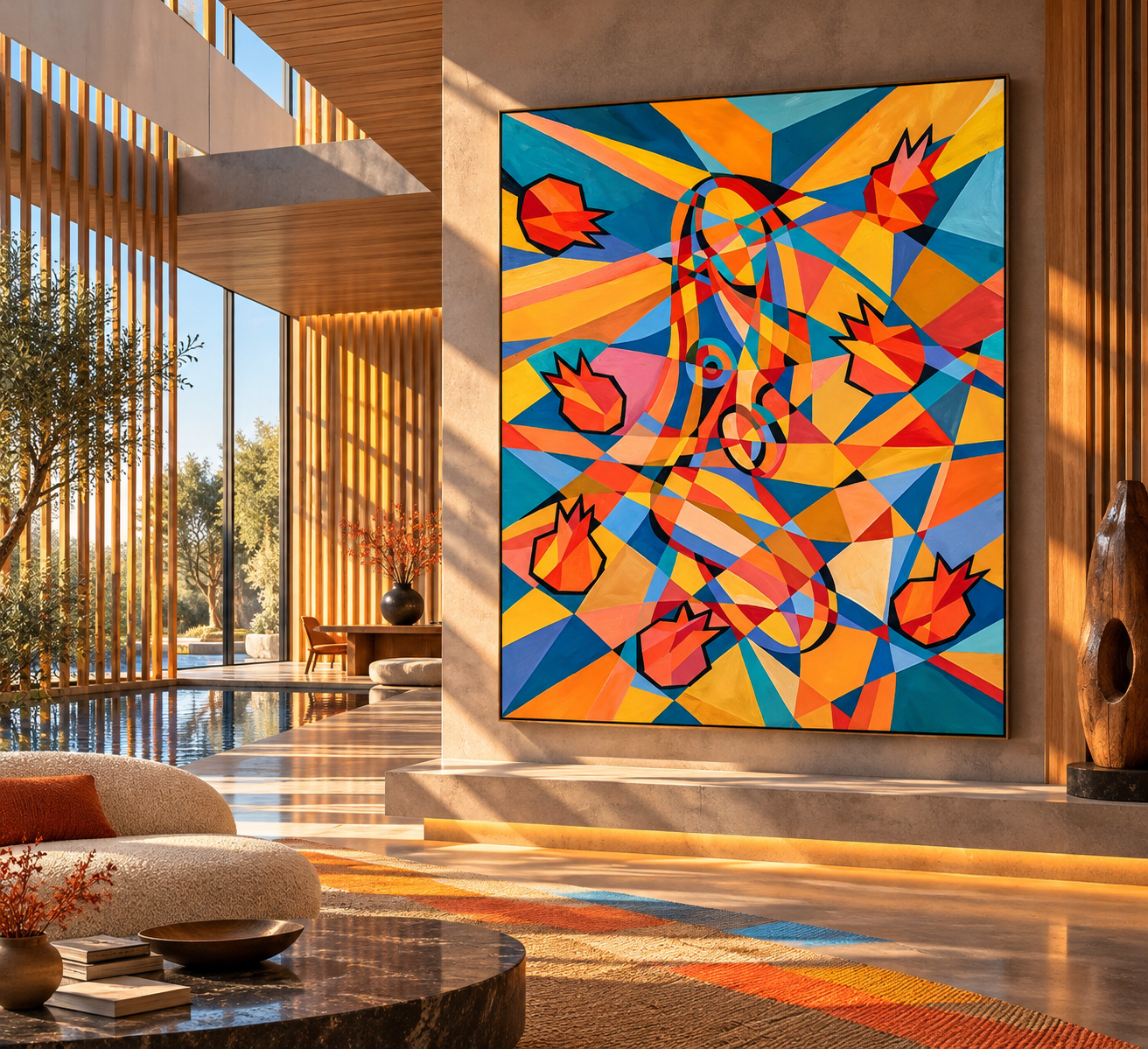 Sunlit Gallery with Abstract Bloom Painting.png