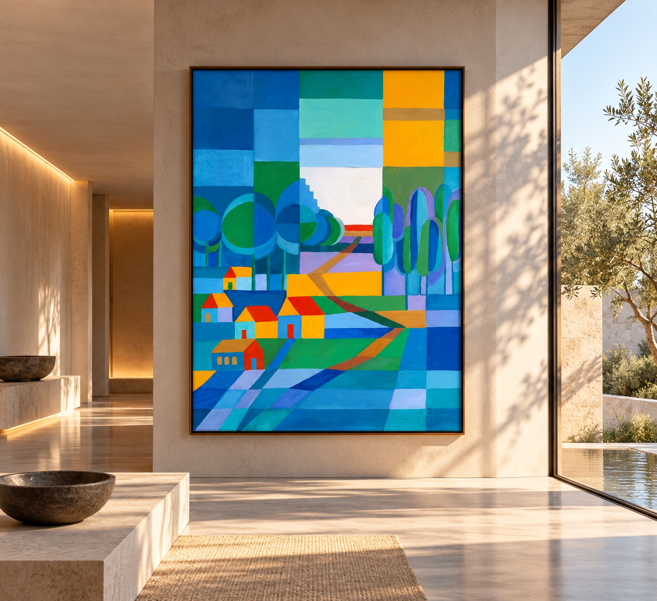 Sunlit Minimalist Interior with Abstract Landscape.png