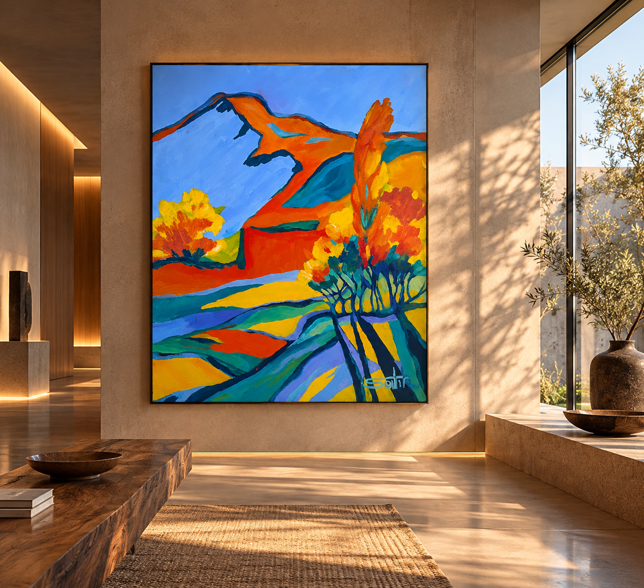 Sunlit Gallery Living Space with Vibrant Landscape Art.png