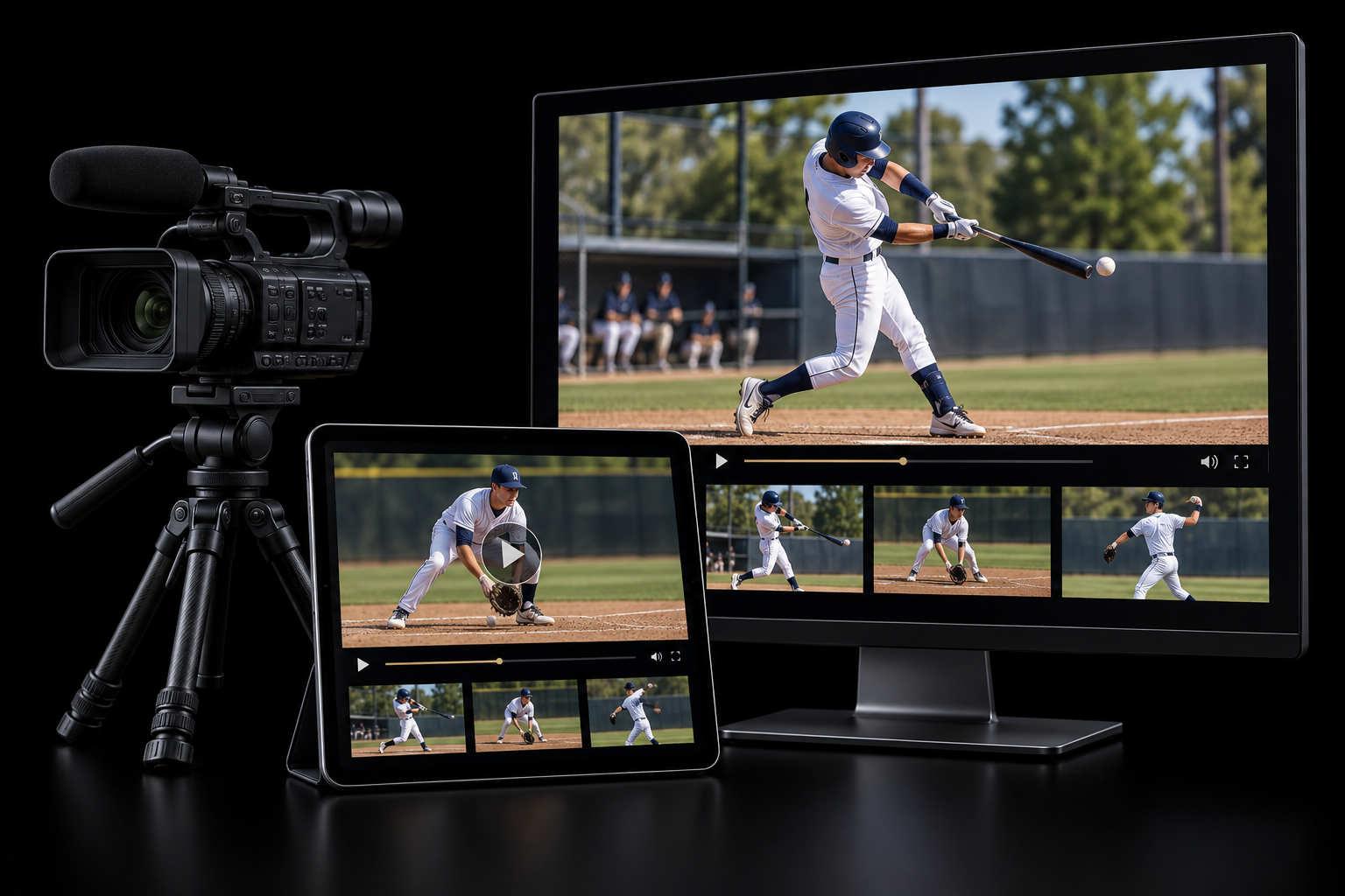 Video camera and editing monitor capturing a baseball player swinging at a pitch during a game.