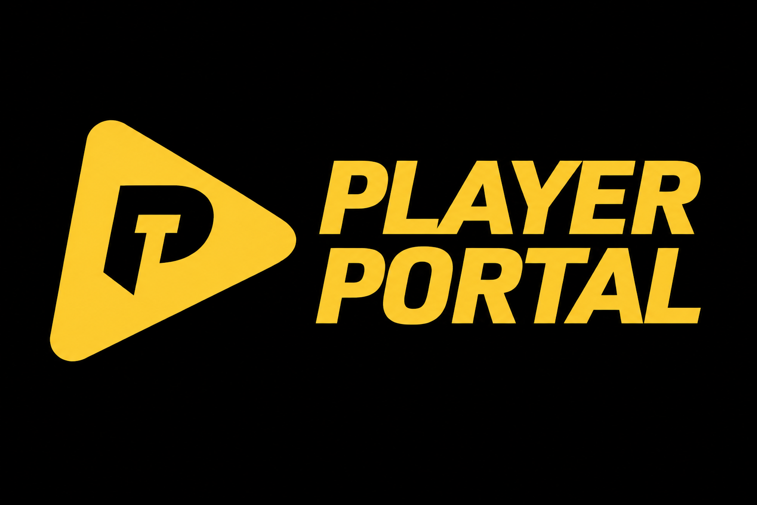 Logo for Player Portal featuring a yellow play button with a stylized letter P, and the words 'Player Portal' in yellow italic font on a black background.