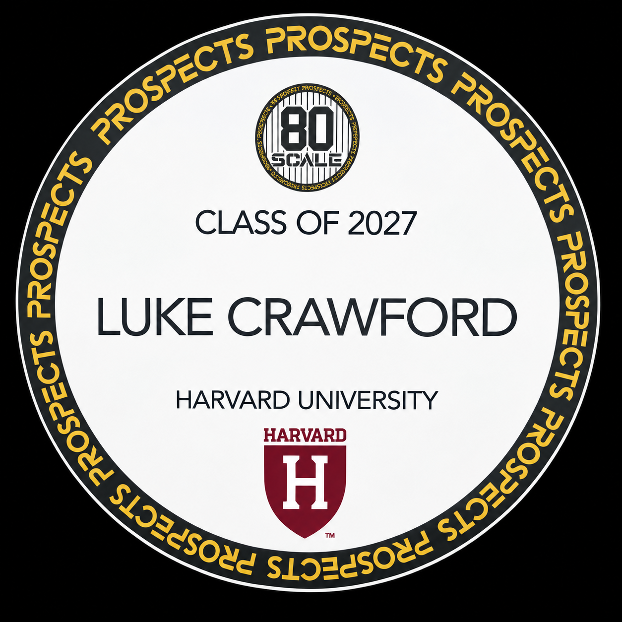 A Harvard University graduation badge for the class of 2027, featuring a white circular background with black and yellow border text reading 'Prospects' repeatedly, a Harvard shield logo, and the name Luke Crawford.