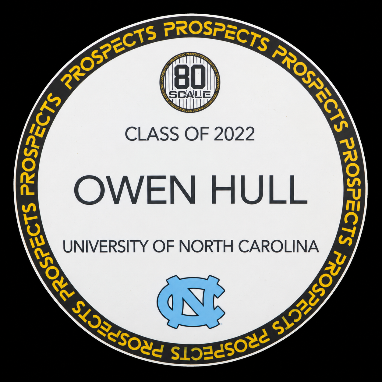 Graduation name tag for Owen Hull, class of 2022, University of North Carolina, 80 Scale Prospect Prospect Prospect, with the University of North Carolina logo at the bottom.