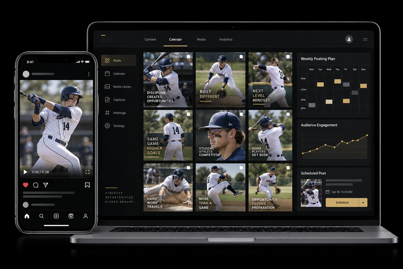 Laptop and phone displaying a baseball player's profile and social media content.