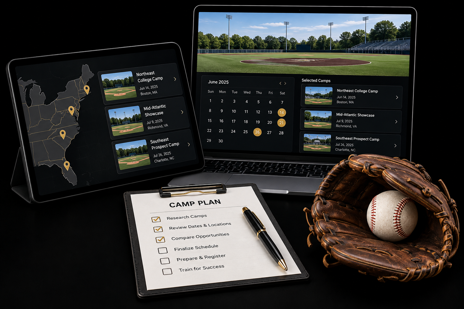 A digital setup for a baseball camp planning, featuring a tablet with a map and camp details, a laptop with a baseball field schedule, a clipboard with a camp plan checklist, a baseball glove, and a baseball.