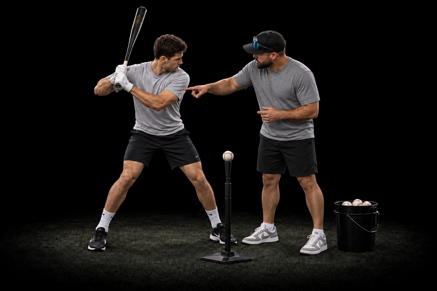 A young man practicing batting with a coach holding baseballs in a bucket, on a black background.