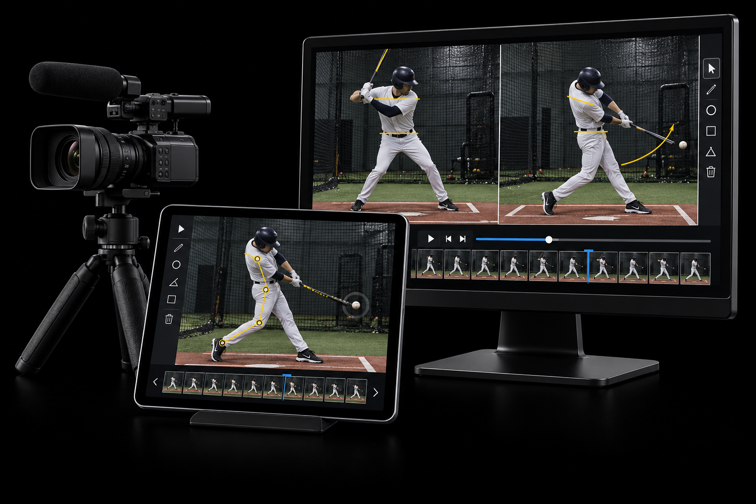Devices showing a baseball player hitting a ball, with a camera, tablet, and monitor displaying footage and analysis of the swings.