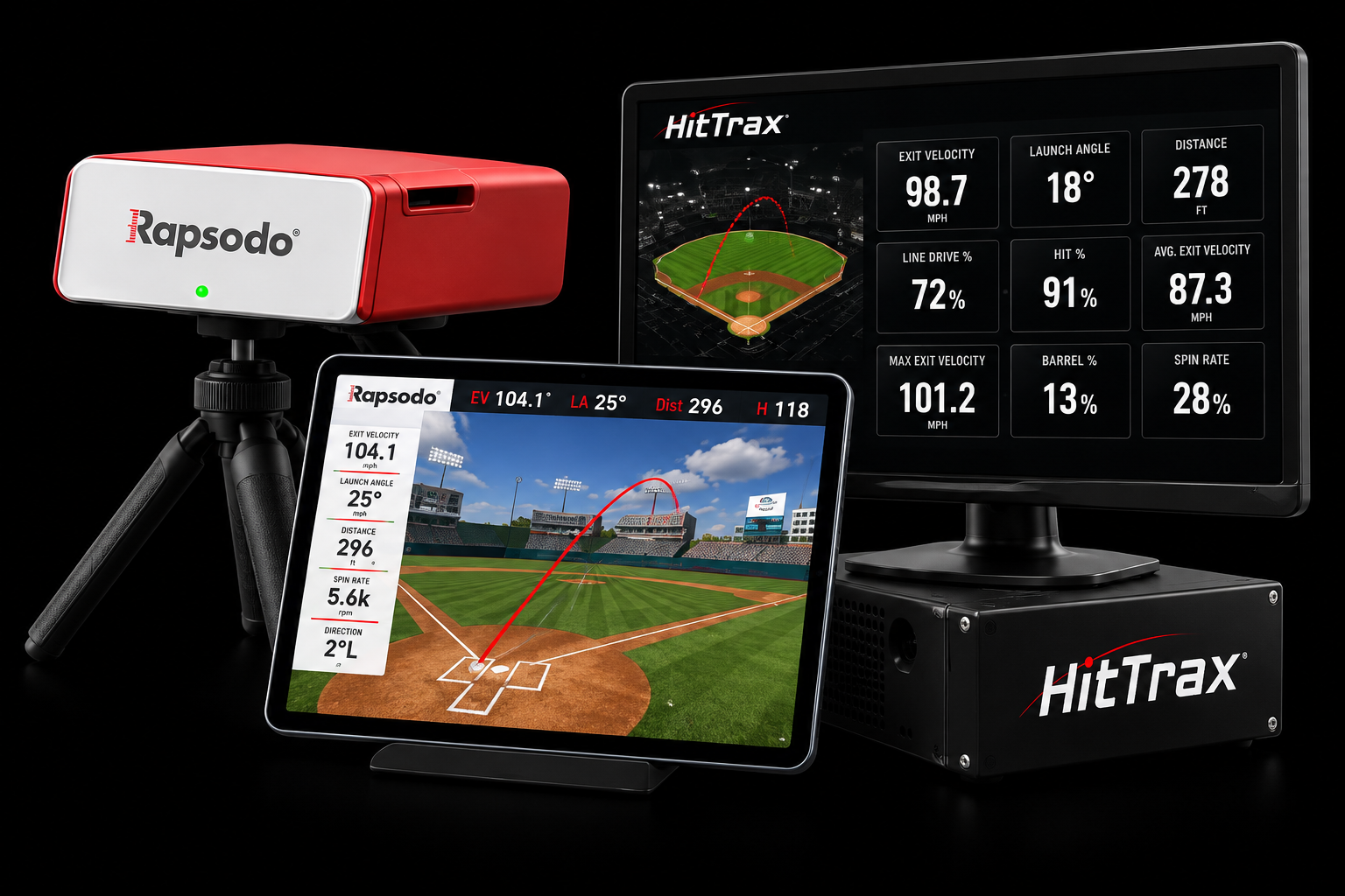 Golf launch monitor equipment with HitTrax branding, including a red and white Rapsodo device on a tripod, a monitor displaying launch data and a field diagram, and another monitor showing detailed hit statistics