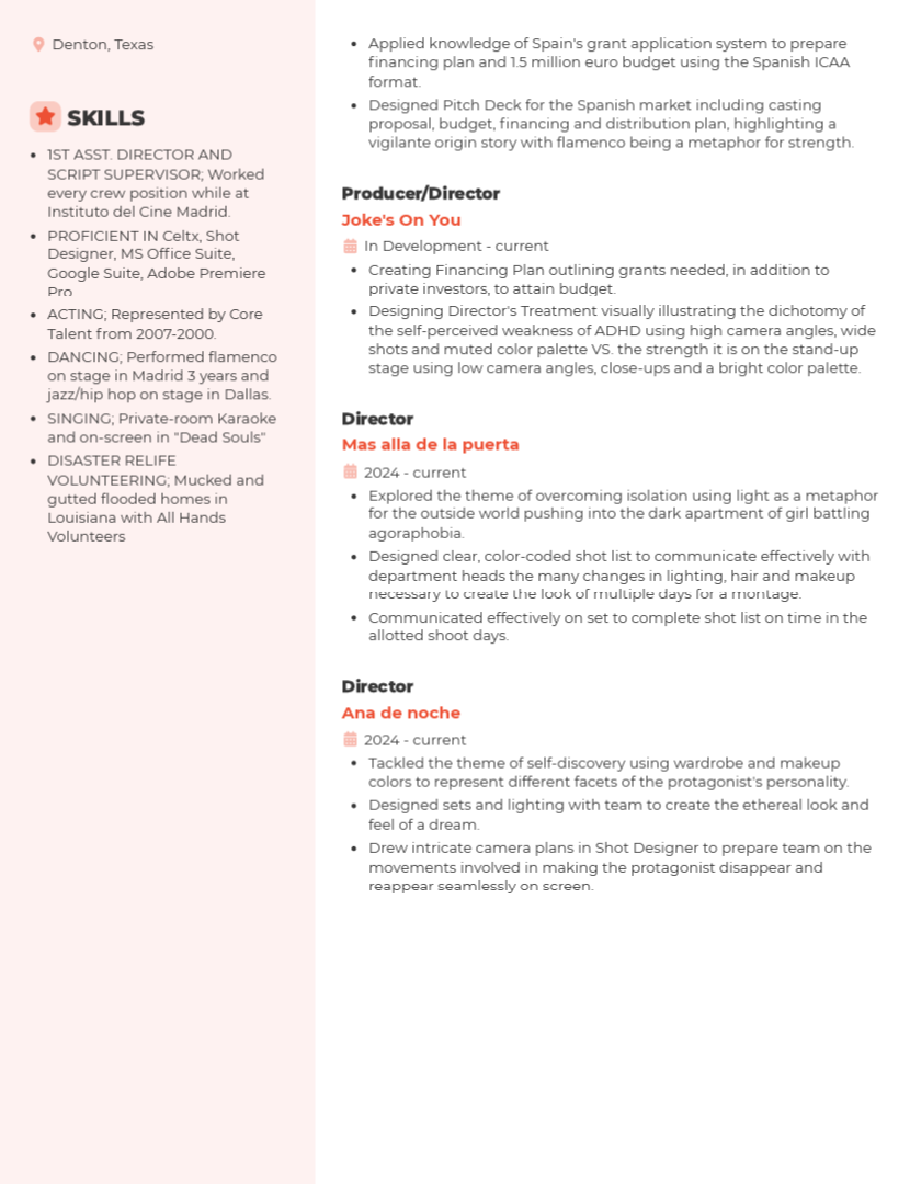 A resume with skills, experience, and director roles, including details of projects related to film, theater, and production work, with sections in English and Spanish.