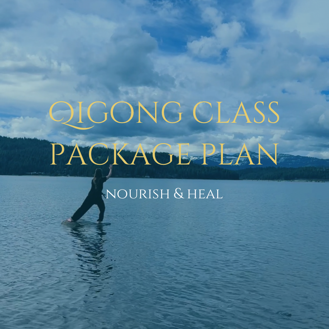 A person practicing Qigong on a body of water with mountains and cloudy sky in the background, with overlay text 'Qigong Class Package Plan Nourish & Heal'.