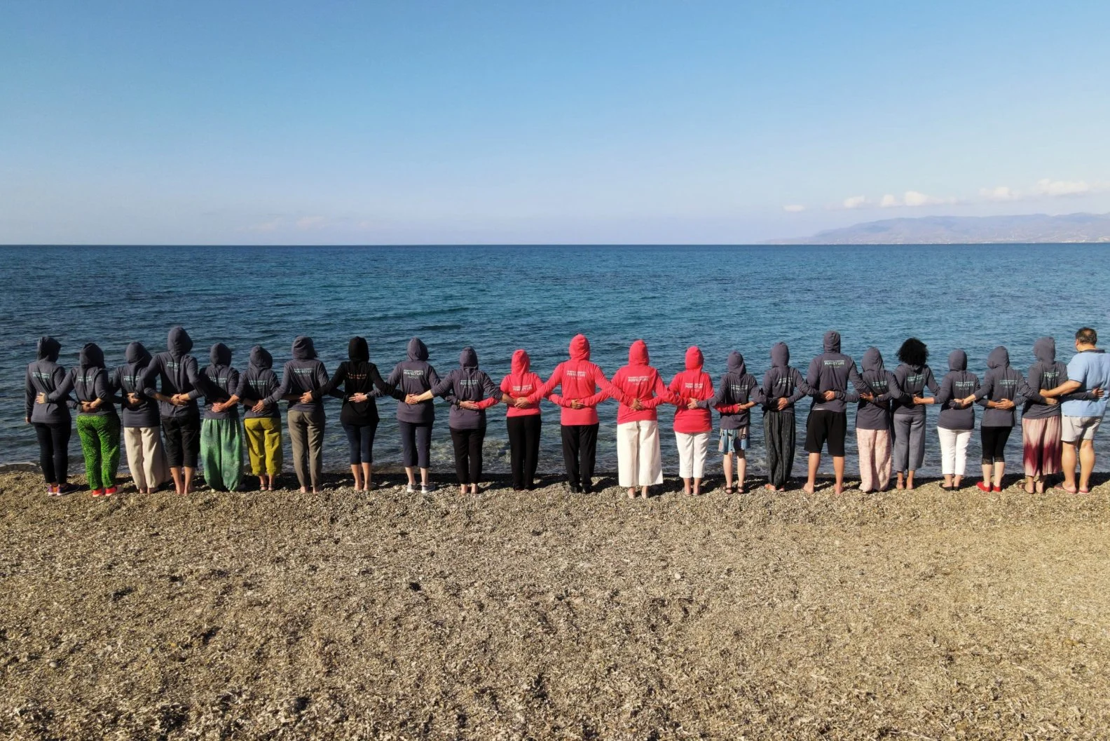 Group of people standing on a beach, holding hands, facing the ocean, with some wearing matching hoodies.