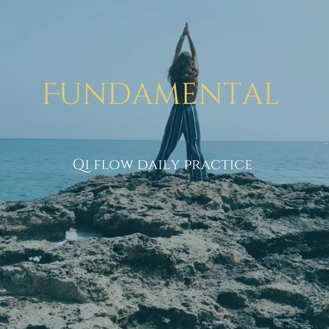 A woman practicing yoga on a rocky shore by the sea with the word 'FUNDAMENTAL' overlayed in gold and 'QI FLOW DAILY PRACTICE' in white.