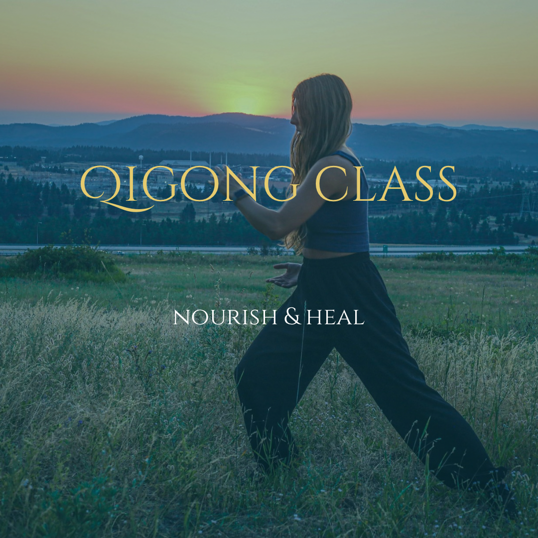 A woman practicing Qigong outdoors during sunset, with mountains and a field in the background, overlaid with text 'Qigong Class' and 'Nourish & Heal'.