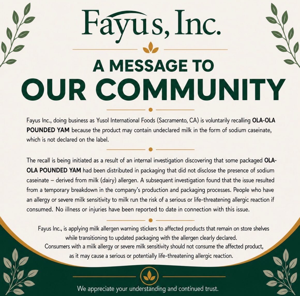 A letter directly to our OLA-OLA community. We have correctly labeled packaging currently on the market available for purchase. 

If you have a milk allergy or sensitivity, we encourage you to not consume. 

Your safety is our highest priority. We ap