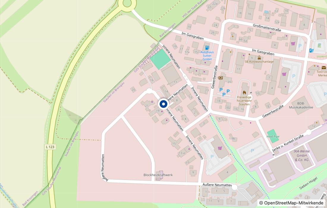 Karte: Steuerberater Rinderle, Innere Neumatten 18, Staufen im Breisgau (OpenStreetMap)