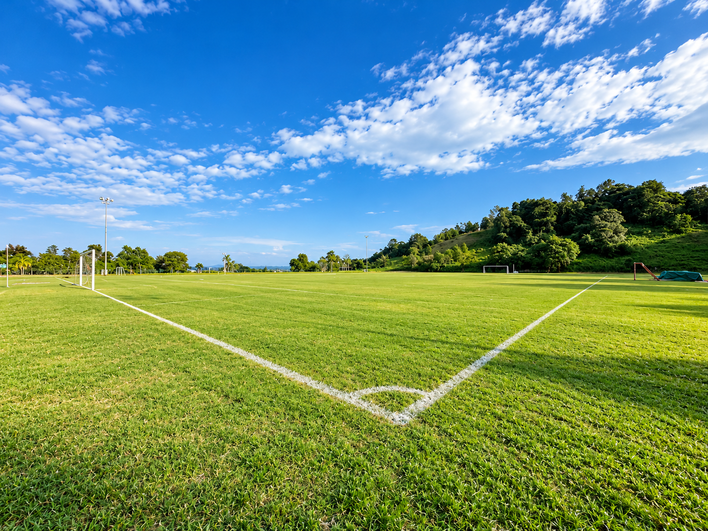 Empty soccer field with white boundary lines, goals, and tall light poles under a blue sky with scattered clouds, surrounded by green trees and hills in the background.