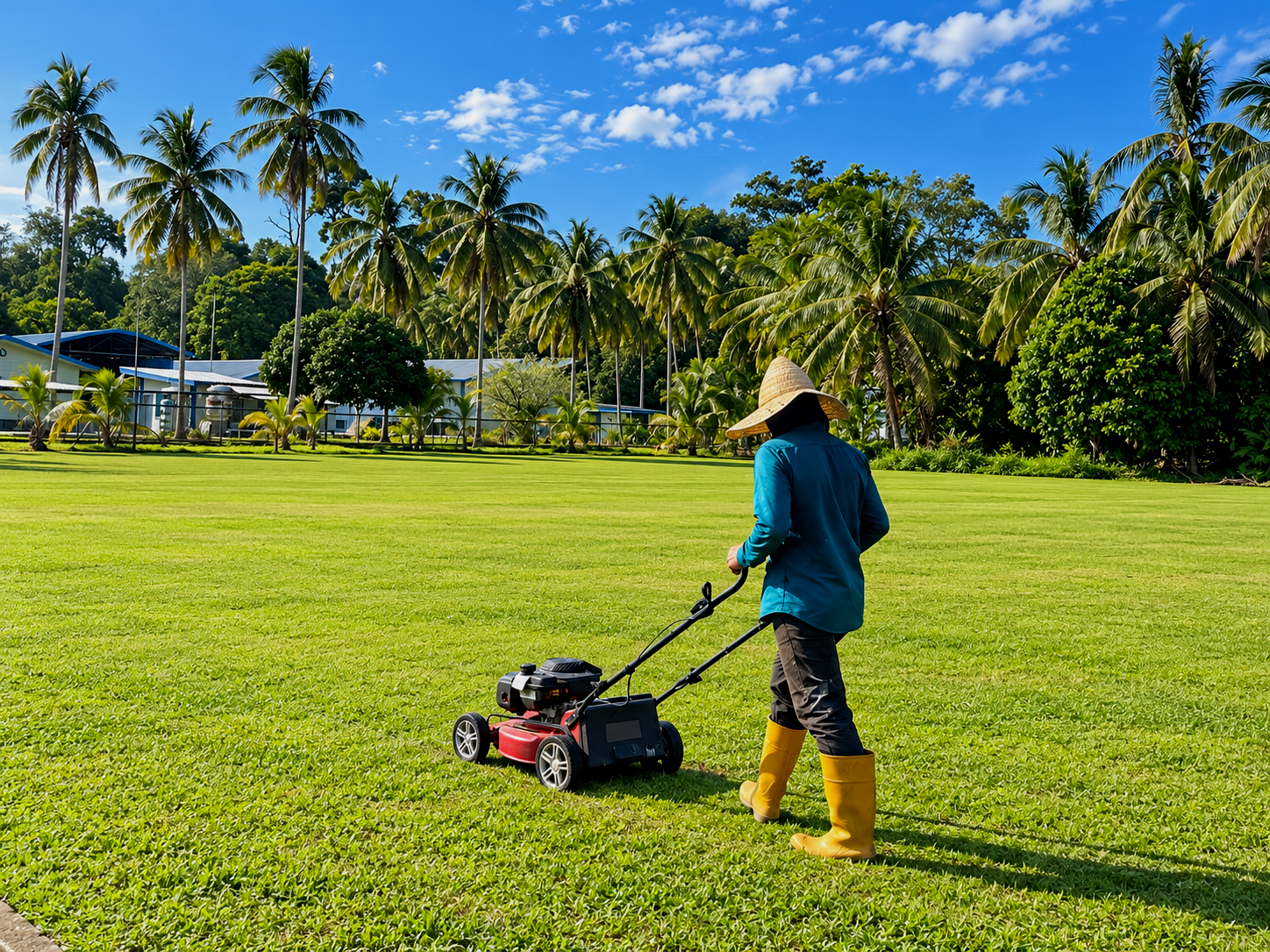 A person wearing a traditional Asian conical hat, a blue long-sleeve shirt, yellow rubber boots, and dark pants, is mowing a lush green lawn with a red and black lawnmower under a blue sky with scattered clouds, tropical palm trees, and a blue and white building in the background.