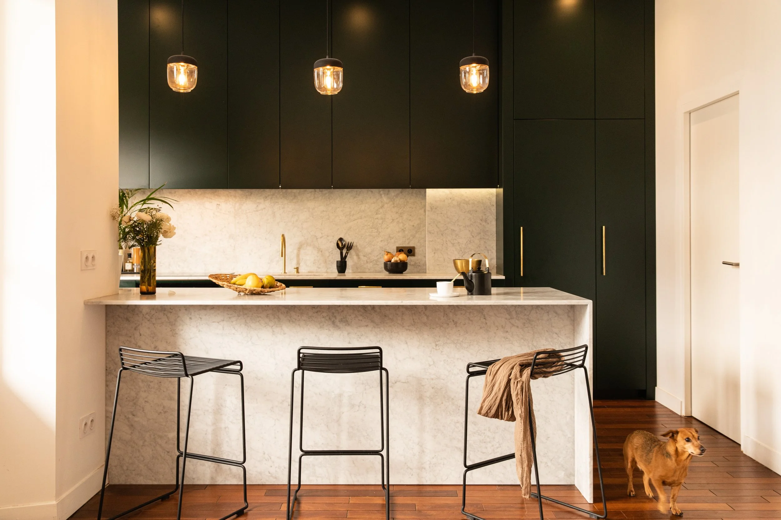 Cuisine moderne avec un îlot en marbre, suspendus en verre, un vase de fleurs, fruits, et un chien qui se tient près d'une porte.