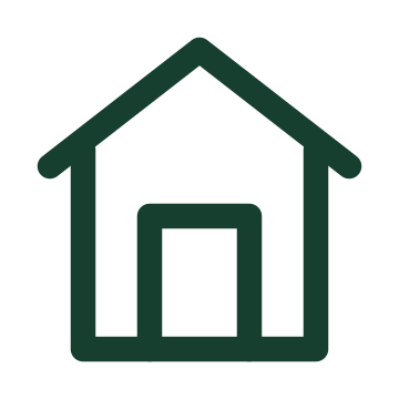 Outline drawing of a house with a gabled roof, a door, and a window.
