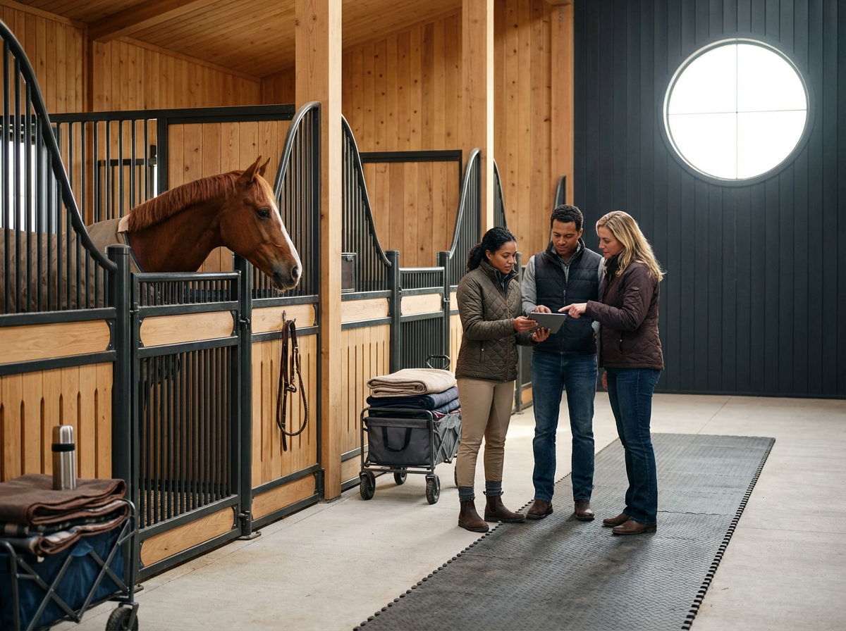 Three people, two women and one man, standing in a horse stable, looking at a tablet together. There is a brown horse in the stall on the left side of the image, with wooden and black metal partitions. The stable has wooden walls and a large round window.