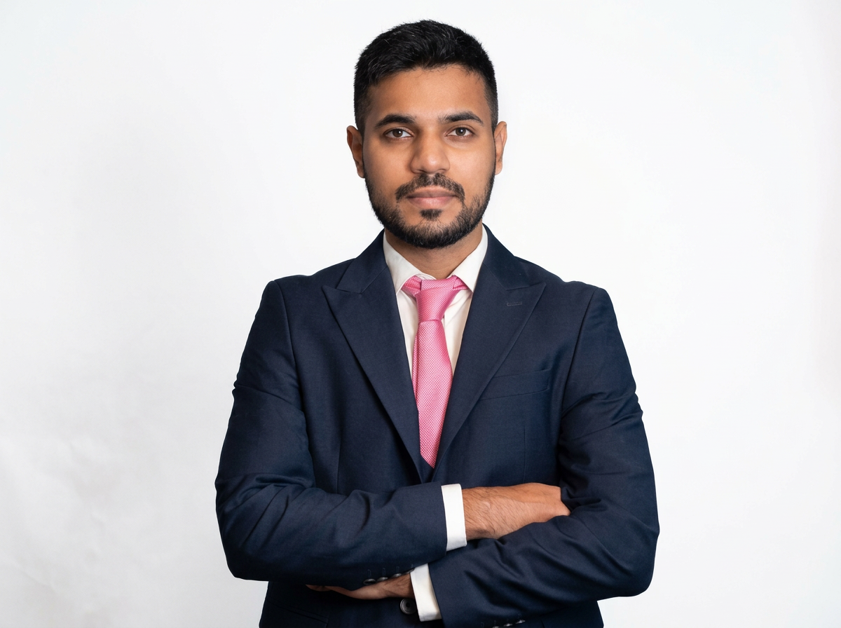 A man in a navy blue suit and pink tie standing with arms crossed against a plain white background.