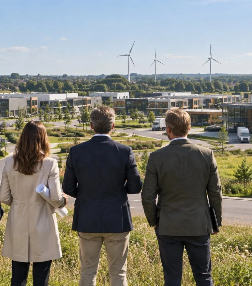 Vrouwen en mannen in zakelijke kleding kijken naar windturbines op een groene wijk met moderne huizen, onder een blauwe lucht.