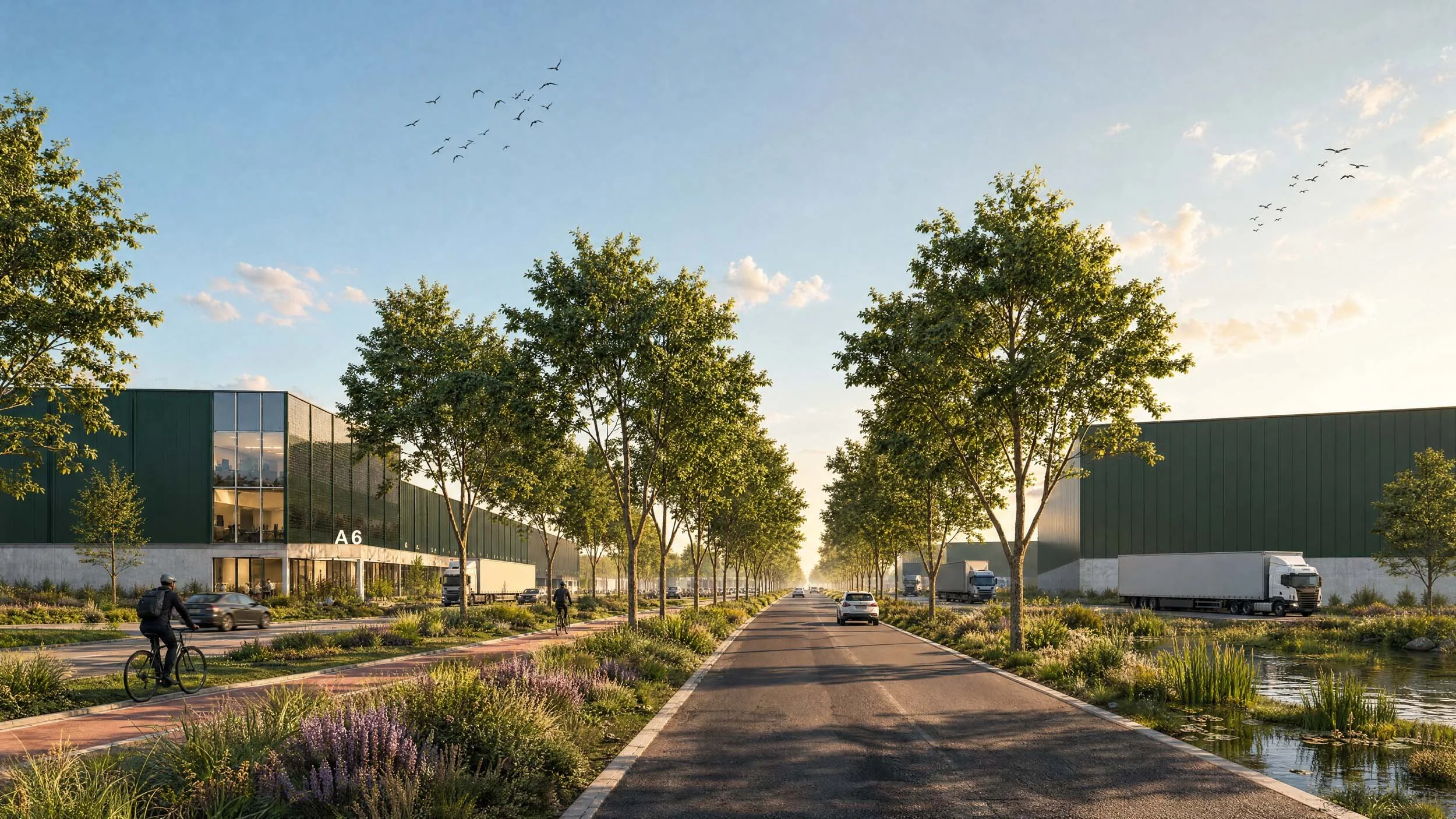 Een moderne bedrijfspark met grote groene gebouwen, omringd door bomen en groene planten, met een waterpartij langs de weg en verkeer dat passeert, inclusief vrachtwagens en fietsen.