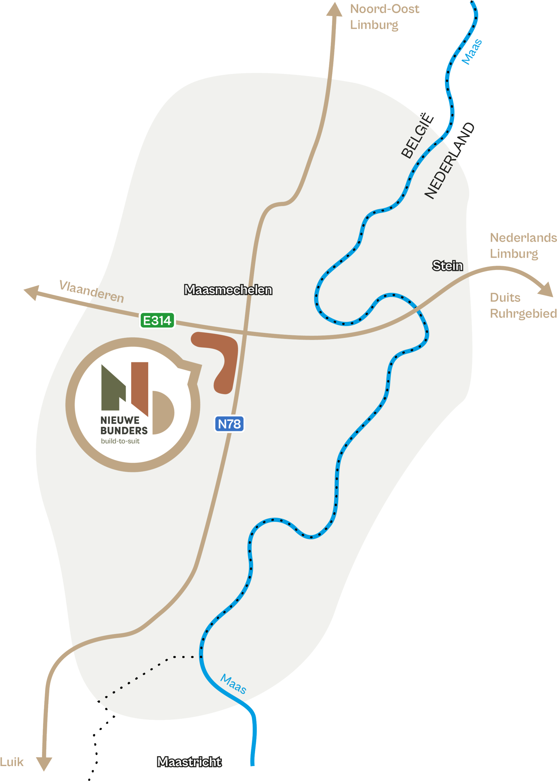 Een kaart met routes en markeringen rondom de Belgische en Nederlandse grens, inclusief plaatsen zoals Maasmechelen, Stein en Maastricht, met highlights zoals nieuwe woningbouwprojecten en natuurlijke kenmerken.