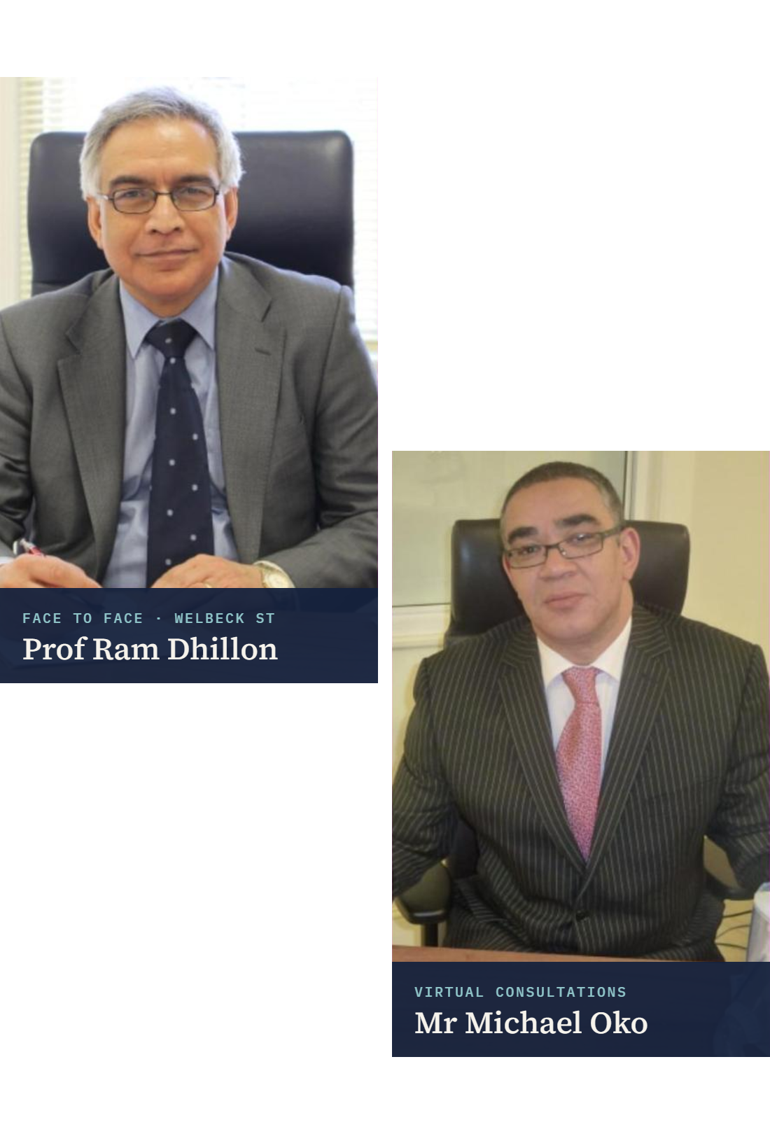 Prof Ram Dhillon (face to face, Welbeck Street) and Mr Michael Oko (virtual consultations)