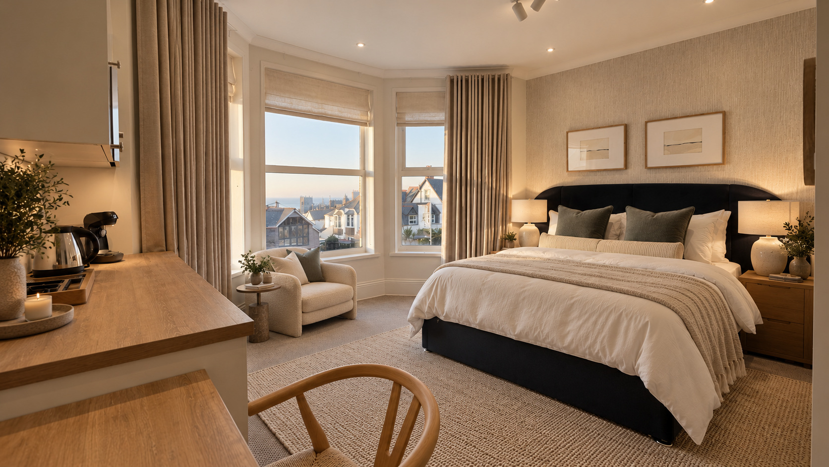 A cozy hotel bedroom with a large bed, nightstands with lamps, a beige armchair by the window, and a wooden dresser with a coffee station, decorated with plants and framed artwork, illuminated by natural and warm lighting.