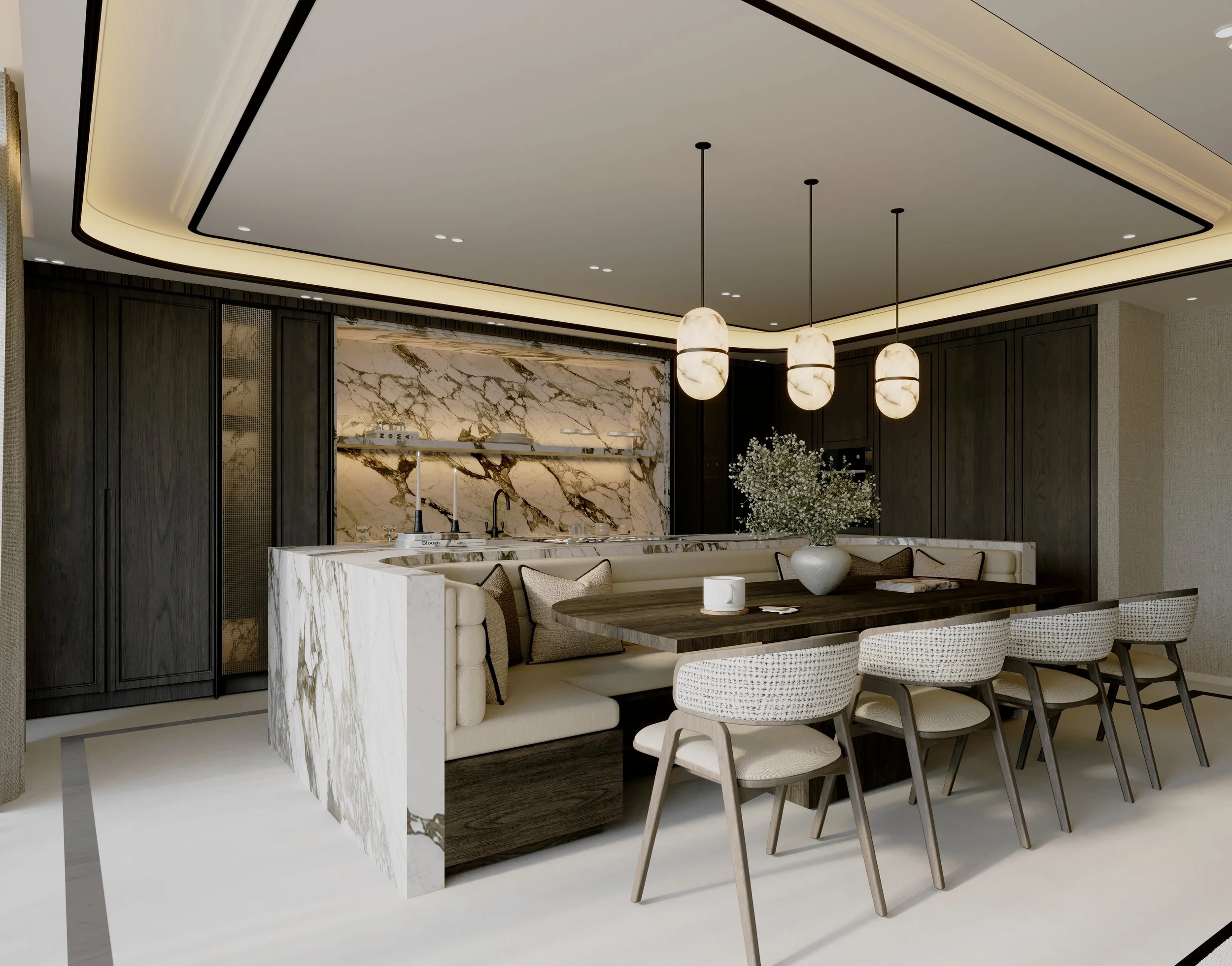 Modern kitchen with a marble island, dark wood cabinets, and hanging pendant lights, featuring a dining area with chairs and a table.