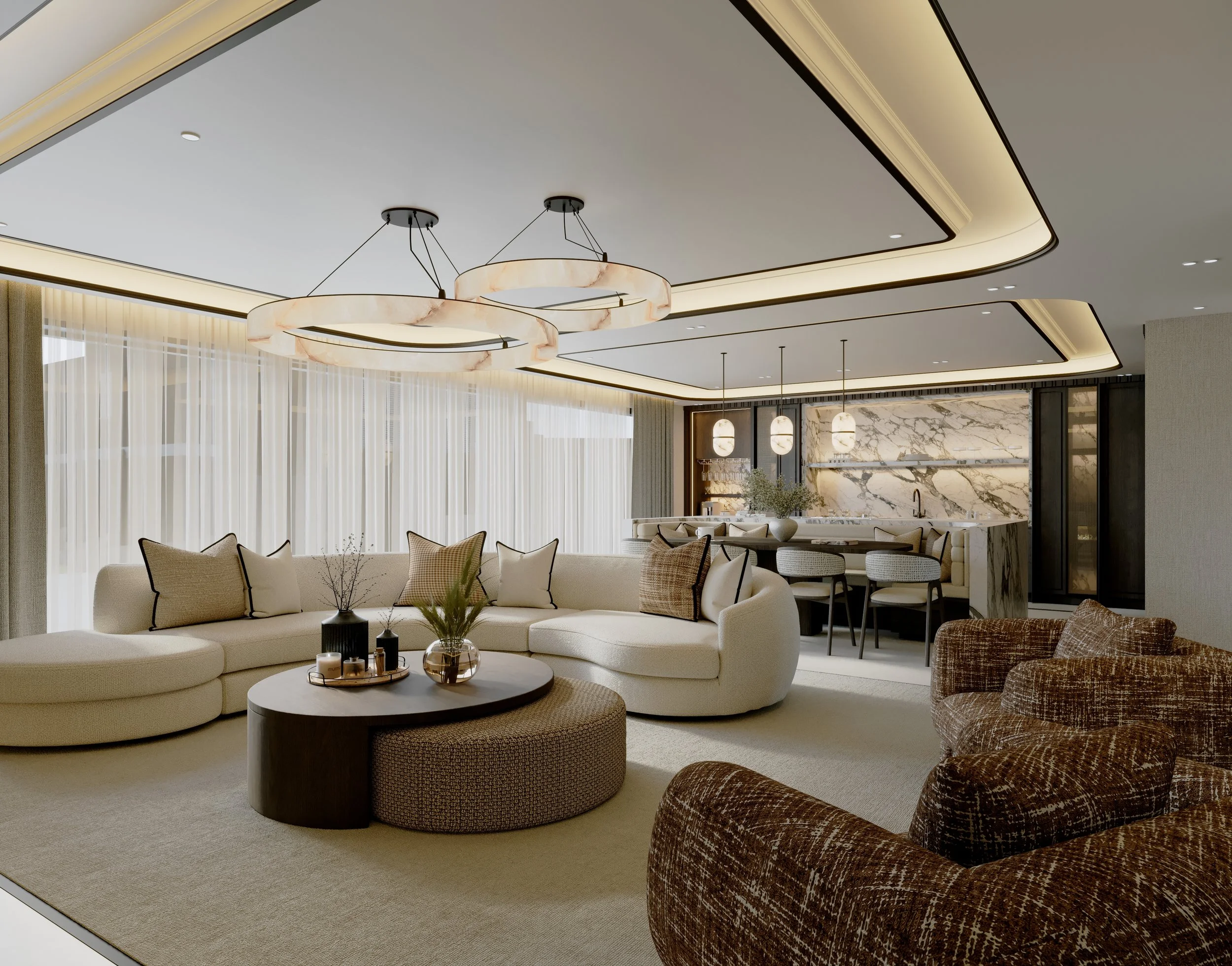 Luxurious living room with a white curved sofa, a round coffee table with candles and decorative items, and a patterned armchair. The room has marble accents, elegant lighting fixtures, large windows with sheer curtains, and a modern, sophisticated design.