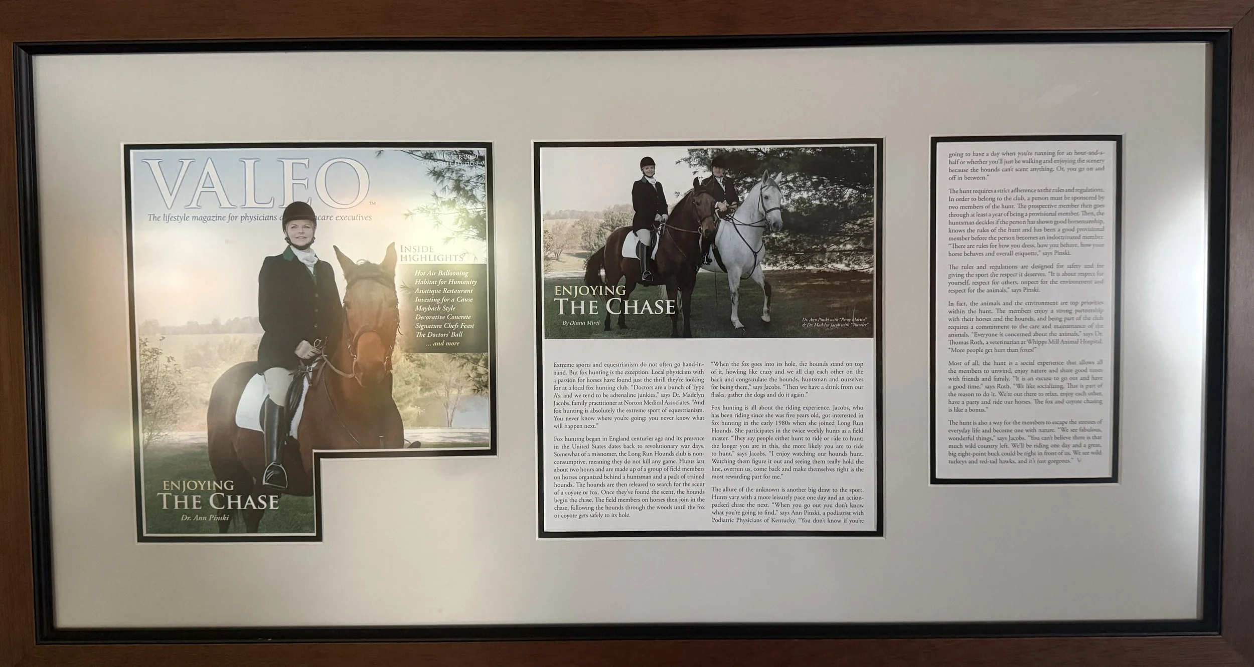 A framed magazine cover titled 'VALFO' featuring a woman in equestrian riding gear sitting on a horse, with photos and text about horseback riding and hunting.